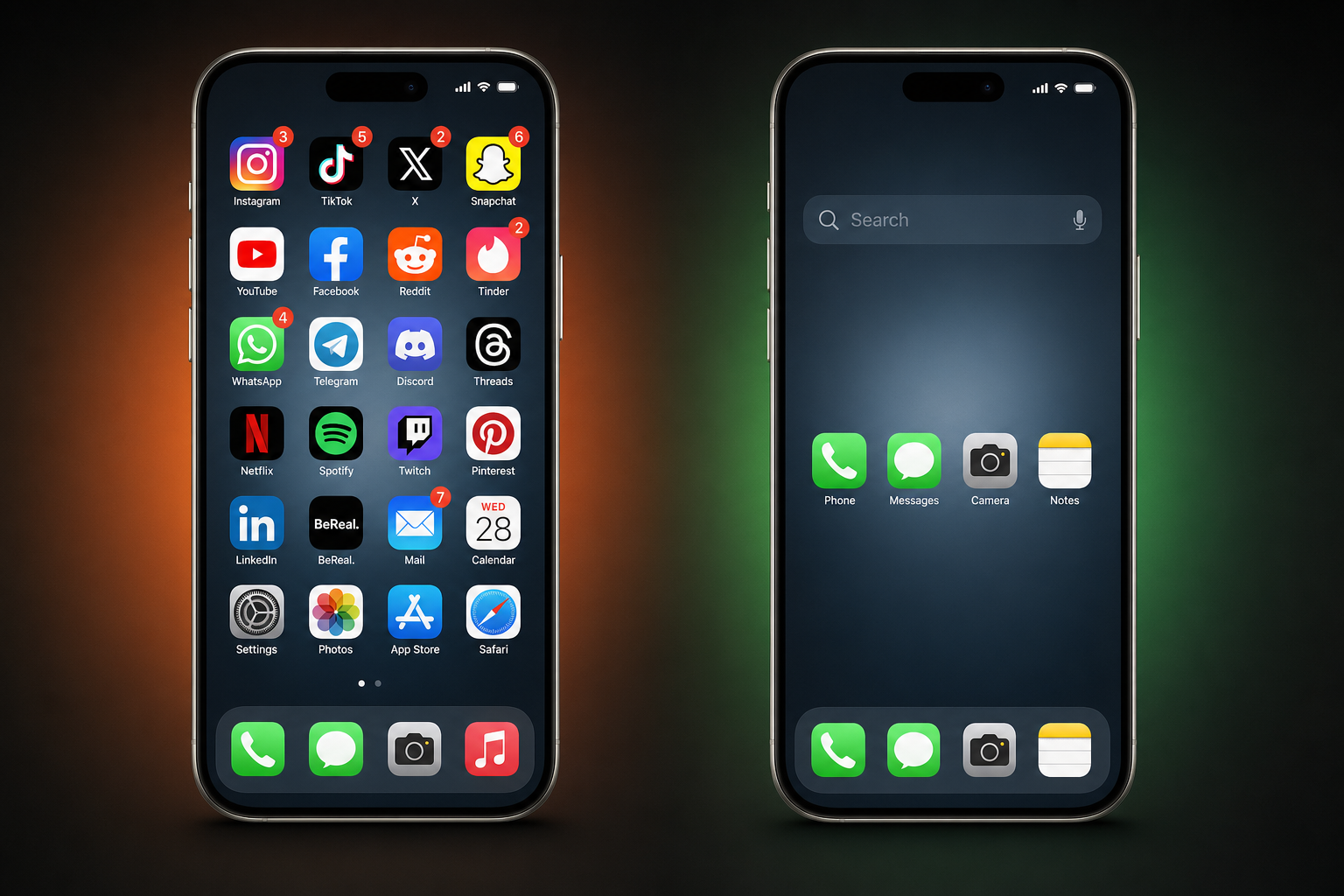 Two iPhones side by side. The left iPhone has a cluttered home screen full of social and entertainment apps — Instagram, TikTok, X, Snapchat, YouTube, Reddit, Tinder, WhatsApp, Discord, Netflix, Spotify, and more — with red notification badges, set against a dark wallpaper with a warm orange glow. The right iPhone shows the same wallpaper with only a search bar near the top and four utility icons (Phone, Messages, Camera, Notes), with a soft green glow.
