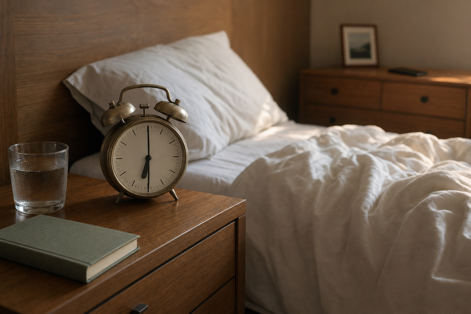 A warmly lit bedroom in early morning. A vintage twin-bell analog alarm clock and a hardcover book sit on a wooden nightstand beside a glass of water. The unmade bed has soft white linens. A wooden dresser with a small framed picture is visible in the background — no phone in arm's reach of the bed.