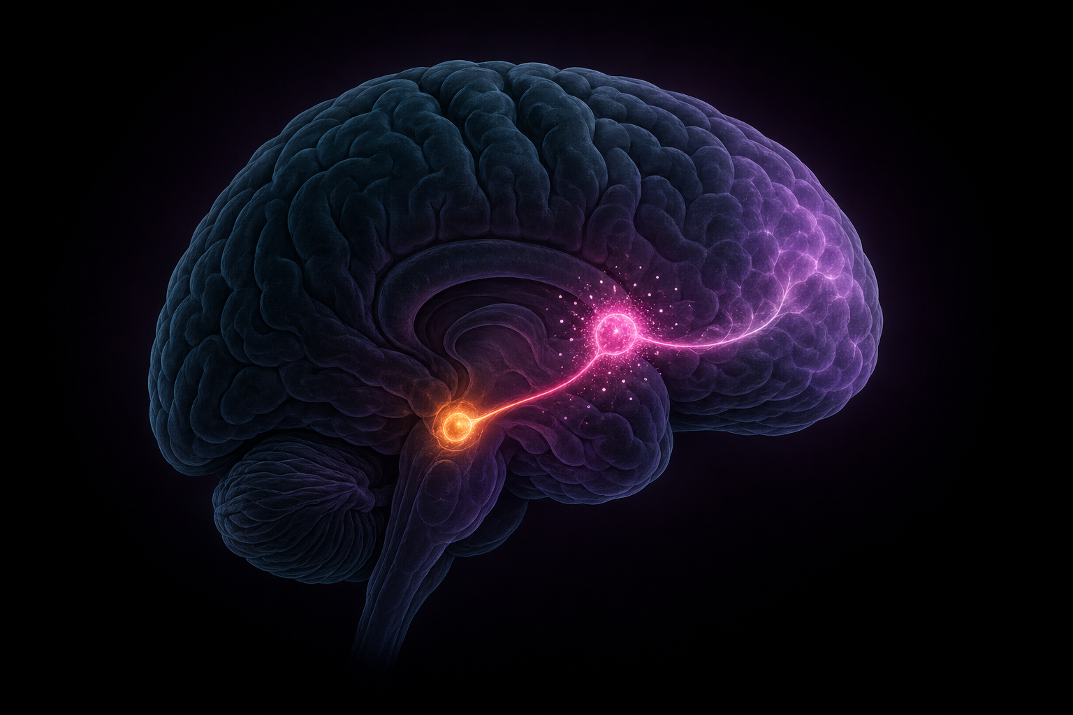 Editorial illustration of the dopamine reward pathway involved in phone addiction: a side-profile human brain rendered in dark teal and purple, with three highlighted regions glowing — the ventral tegmental area in warm orange, the nucleus accumbens in bright pink-magenta, and the prefrontal cortex in a noticeably dimmer pink-violet — connected by glowing neural tracks, with small bright sparks drifting around the nucleus accumbens.