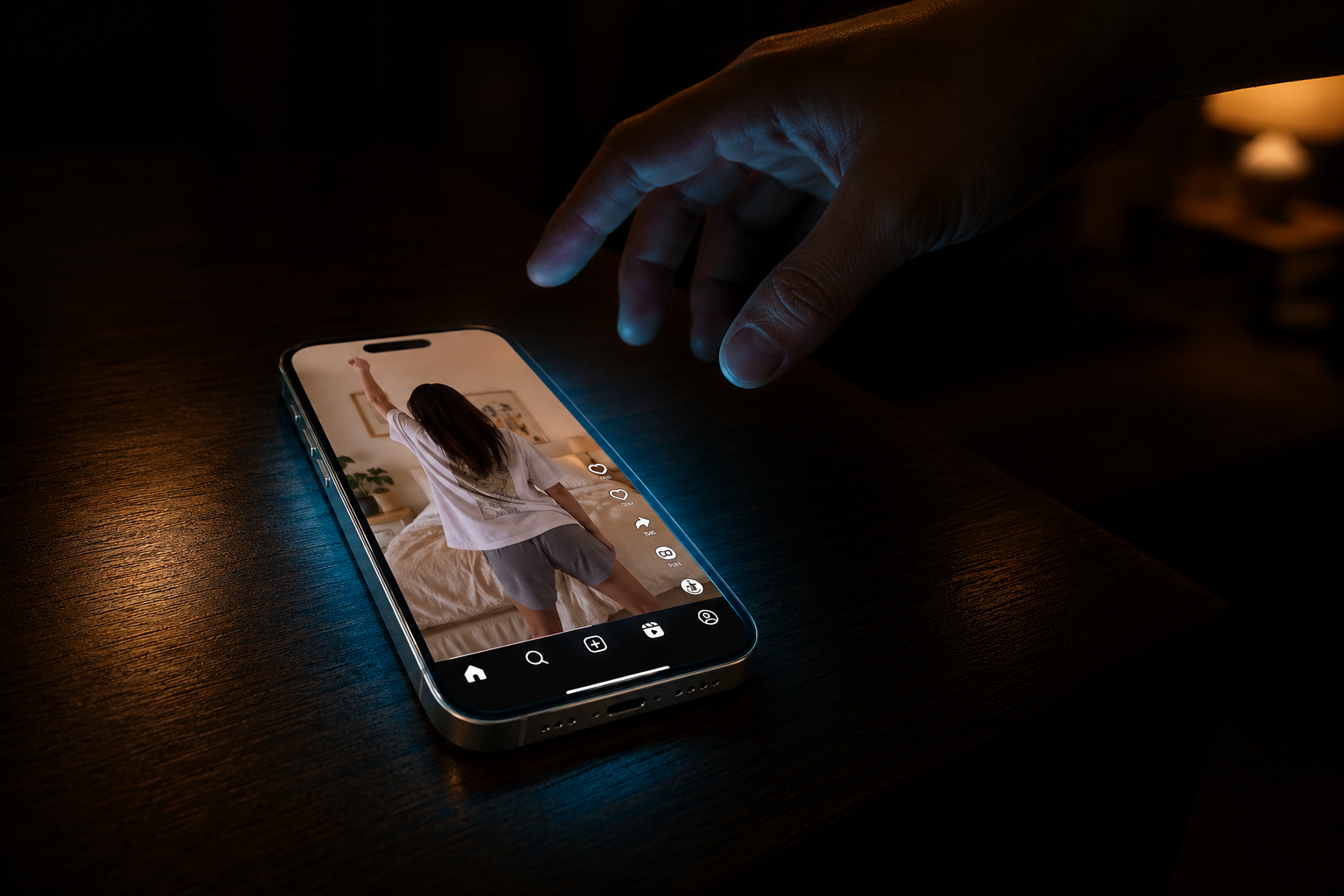 A hand reflexively reaching for an iPhone on a dark wooden nightstand at night. The iPhone screen shows the Instagram Reels feed playing a viral dance-challenge video — a typical scene of compulsive phone use and phone addiction. The bright Reel content contrasts against the dim bedroom around it.