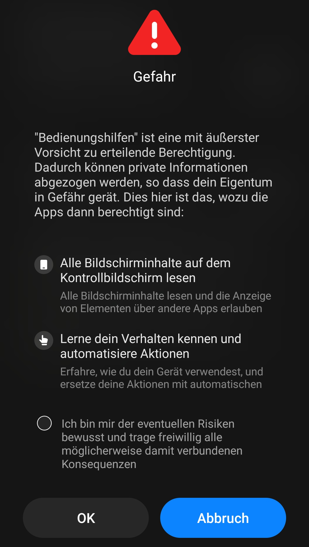 Dieselbe Warnung zur Berechtigung für Bedienungshilfen auf einem Xiaomi-Gerät mit MIUI, überschrieben mit „Gefahr“, mit rotem Warndreieck und einer Zustimmungs-Checkbox