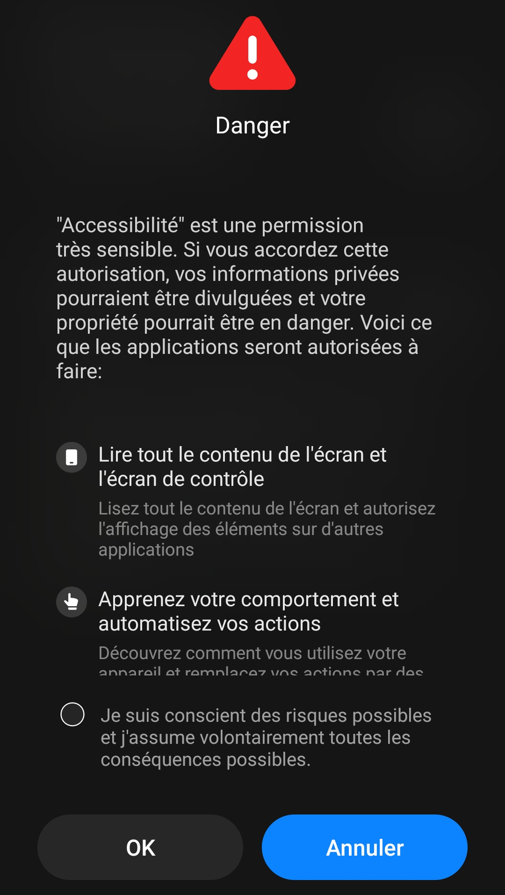 Le m&ecirc;me avertissement d'autorisation d'accessibilit&eacute; sur un appareil Xiaomi MIUI&nbsp;: mention &laquo;&nbsp;Danger&nbsp;&raquo; avec un triangle rouge et une case de consentement &agrave; cocher