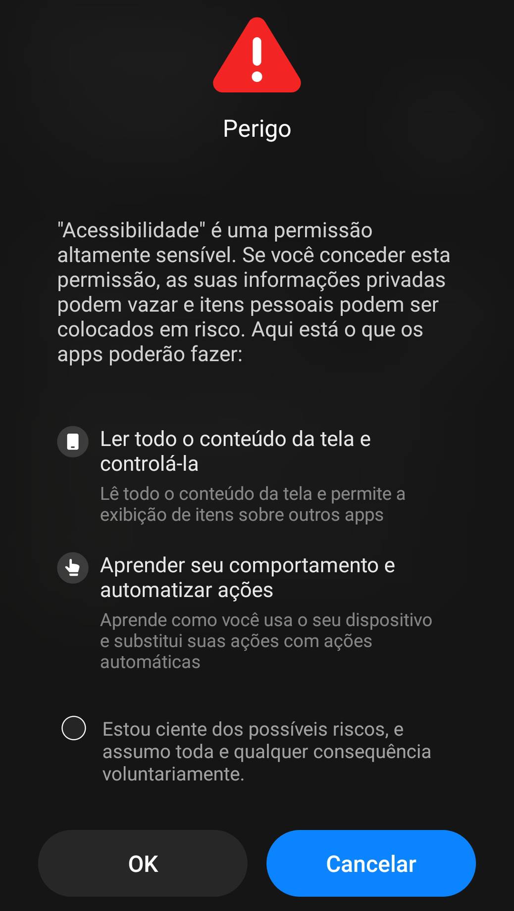 O mesmo aviso de permissão de acessibilidade em um aparelho Xiaomi com MIUI, intitulado “Perigo”, com um triângulo vermelho de alerta e uma caixa de consentimento