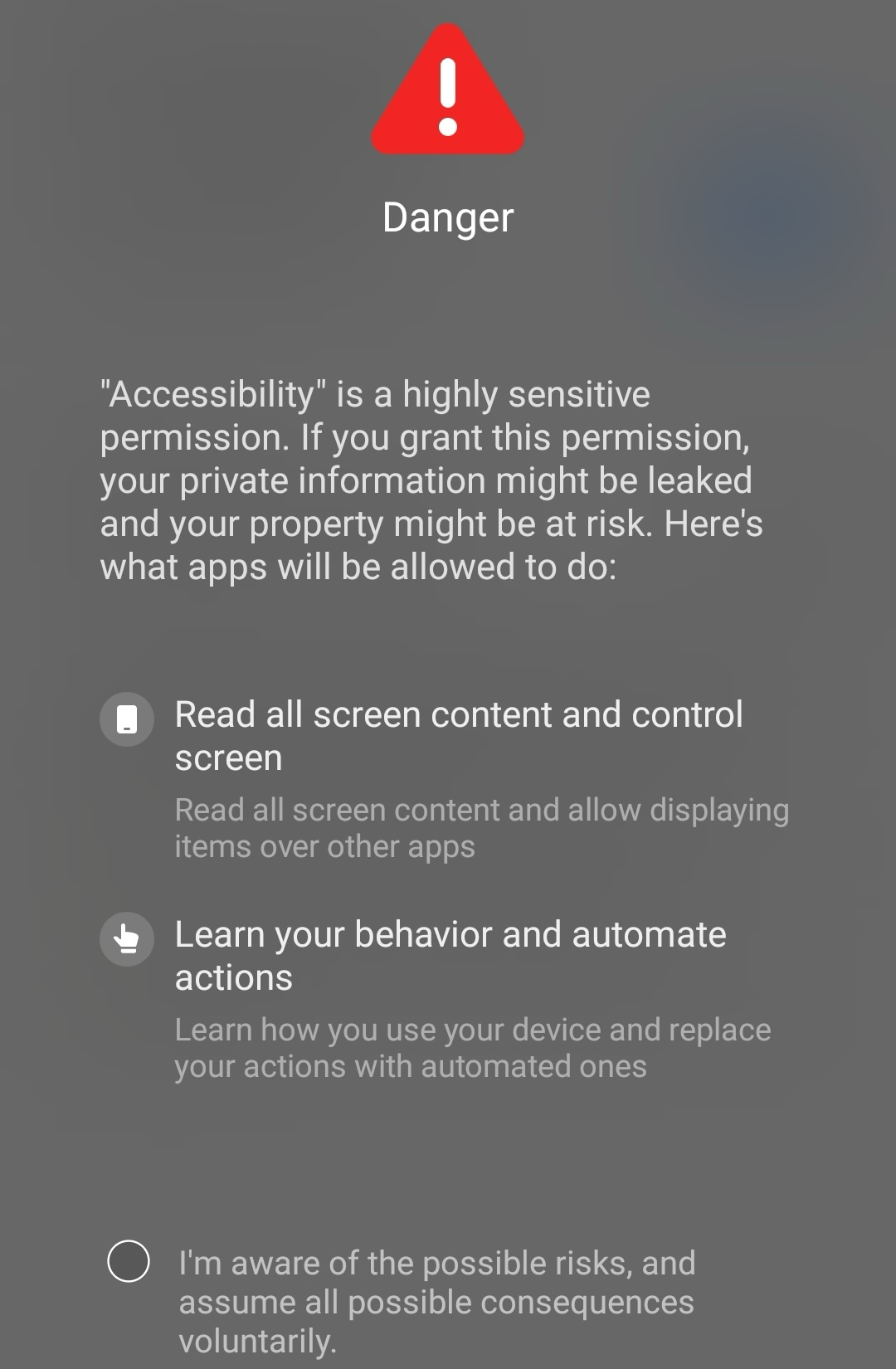 The same accessibility permission warning on a Xiaomi MIUI device, labeled Danger with a red triangle and a consent checkbox
