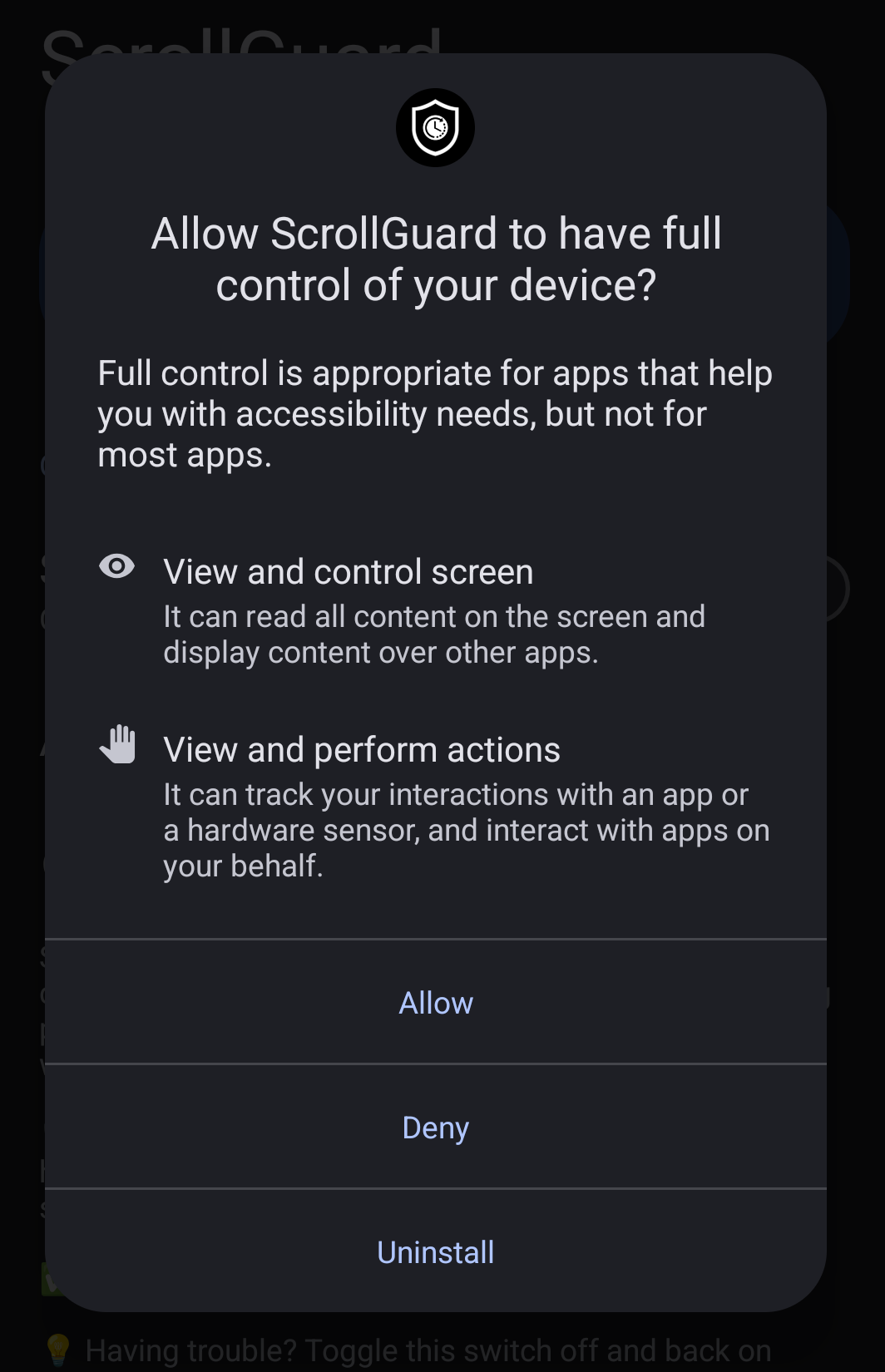 Android accessibility permission warning on a Samsung One UI device, with Allow, Deny, and Uninstall buttons